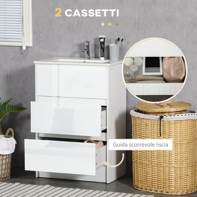 Mobiletto Bagno 2 Cassetti 61x37x88 cm con Lavabo in Ceramica Bianco