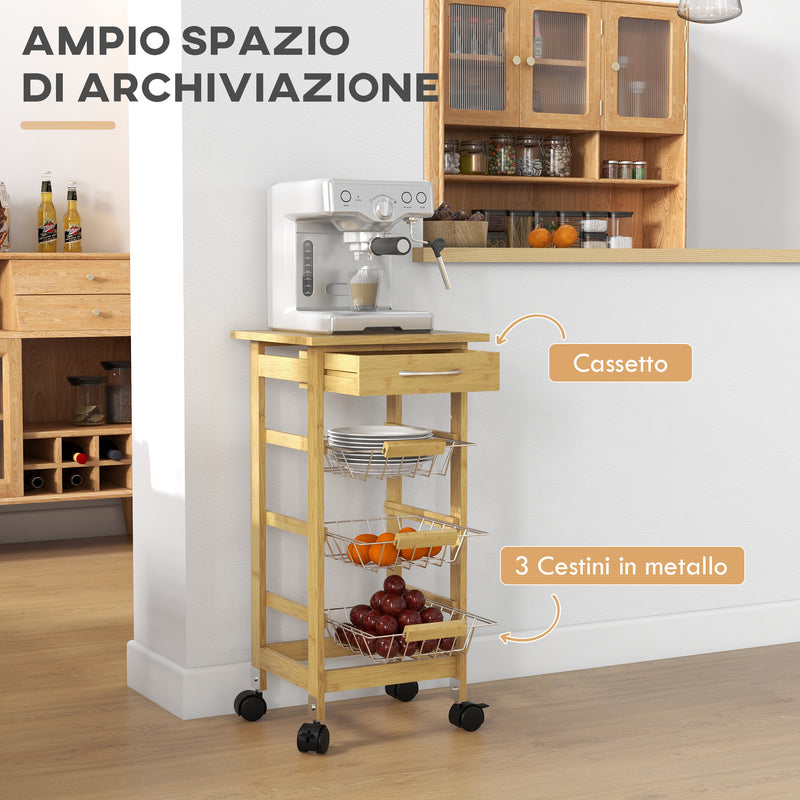 Carrello Cucina con Cassetto e 3 Cestini a Rete Metallica 37x37x76 cm in Legno-4
