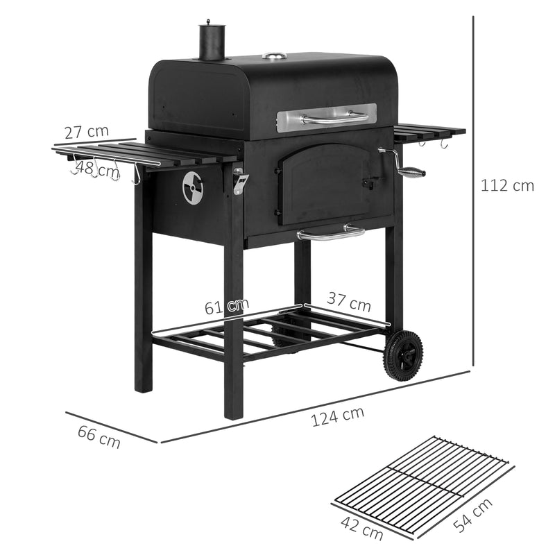Barbecue da Giardino a 2 Ruote con Griglia Affumicatore e Fornello 124x66x112 cm in Metallo e Ghisa Nero-3