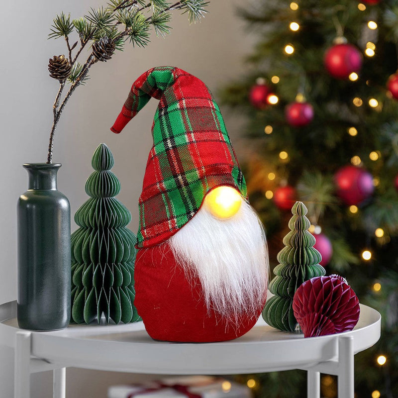 Gnomo di Natale H45 cm con Luce Rosso con Cappello Scozzese