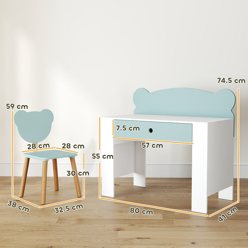 Banco Scuola con Sedia per Bambini Schienale a Orsetto Età 3-8 Anni in MDF e Legno Verde   