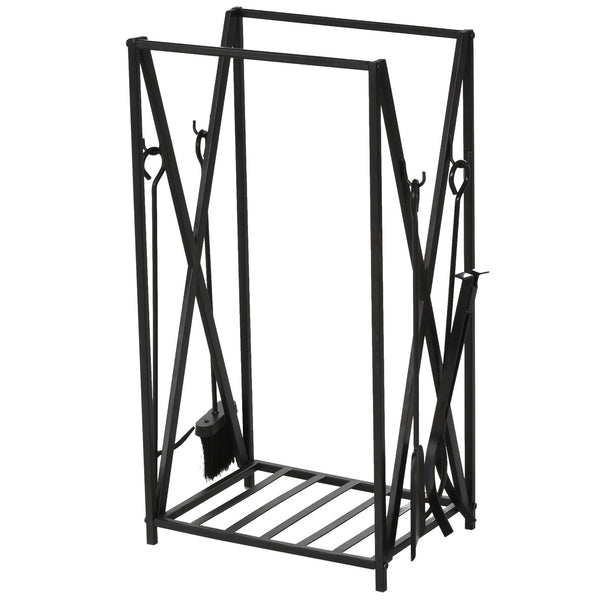sconto Portalegna per Camino con 4 Attrezzi 46x30x76 cm in Acciaio Nero