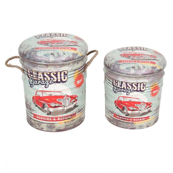 Set 2 Pouf Contenitore Tondo in MDF Verde Chiaro/Bianco acquista