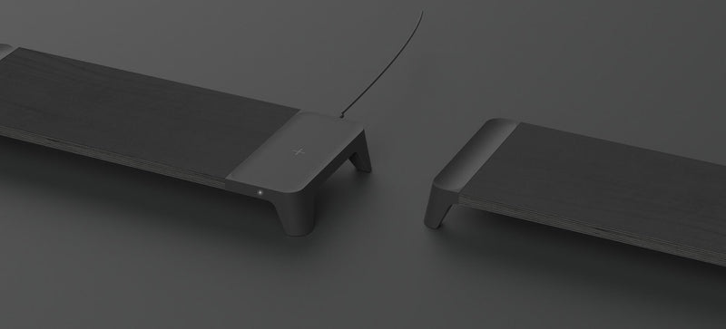 Supporto Monitor da Scrivania 56x20x5,7 cm con Base di Ricarica Wireless in MDF e Plastica Nero
