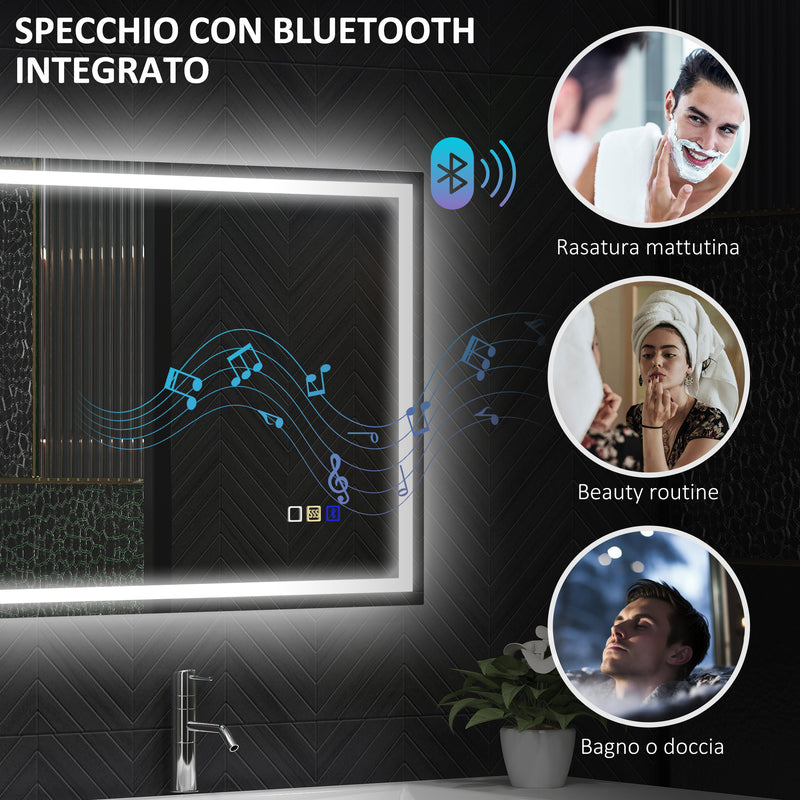 Specchio Bagno da Parete LED Antiappannamento 50x70 cm Speaker Bluetooth e Pulsanti Touch in Vetro Temperato  