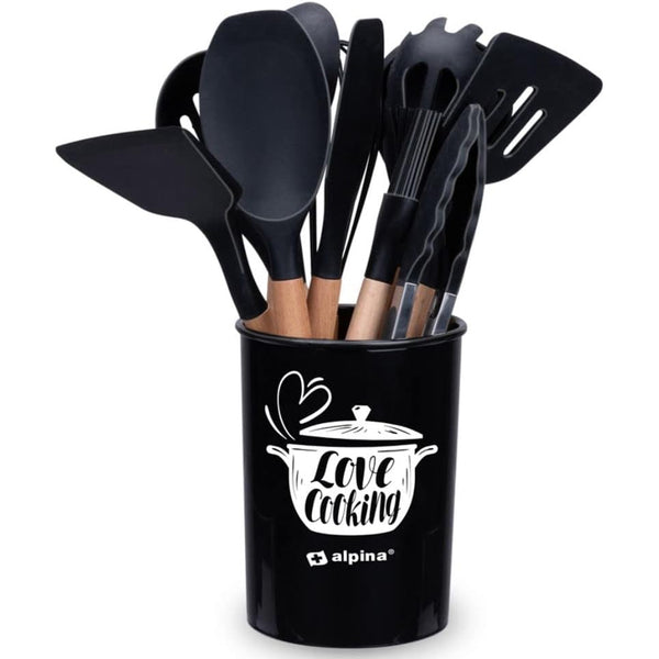 Set 12 Utensili da Cucina con Supporto in Silicone e Manico Legno Nero sconto