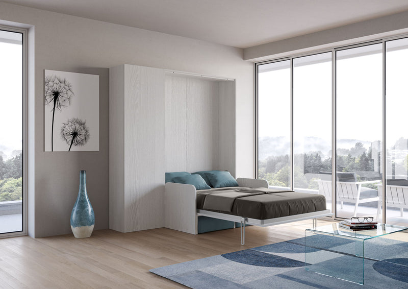 Letto Una Piazza E Mezzo A Scomparsa 120 Kentaro Con Divano E Colonna Bianco Frassino e Azzurro      