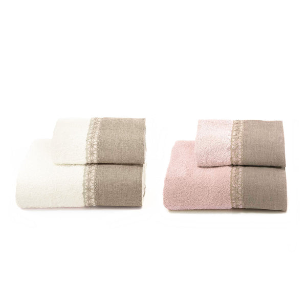 sconto Set Spugna 4 Pezzi Asciugamani Viso + Ospite con Balza e Trina di Lino Garrini Bryanna Rosa