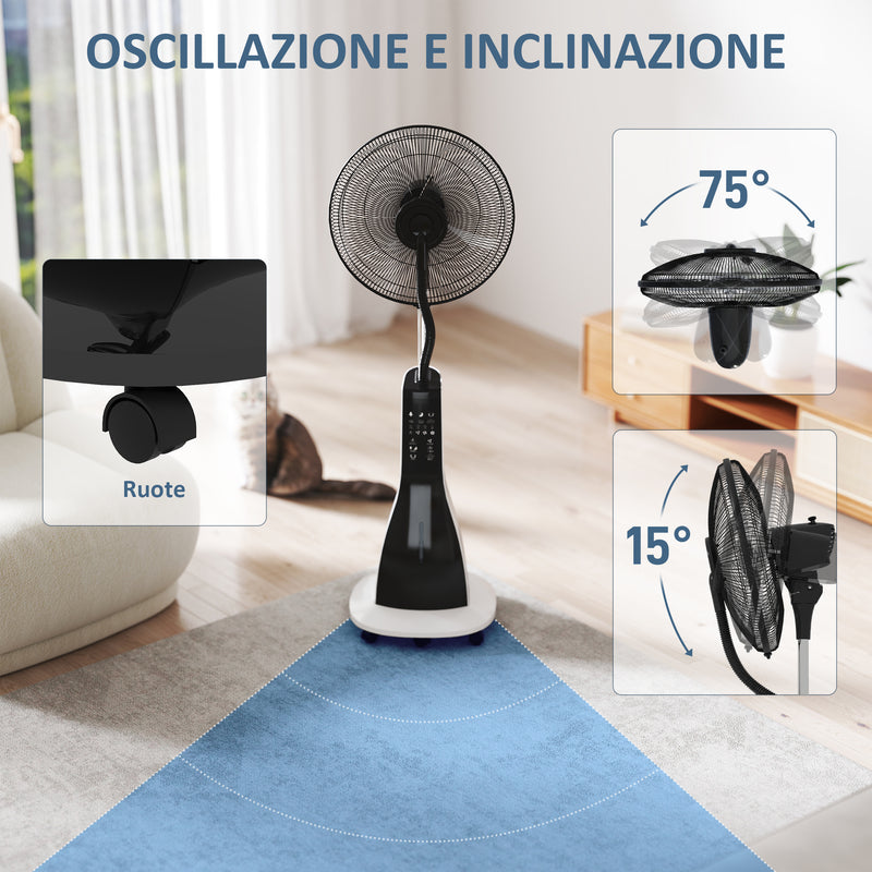 Ventilatore Nebulizzatore 90W a 4 Ruote con Serbatoio 3L 3 Modalità e 3 Velocità 50x40x125 cm Bianco e Nero  