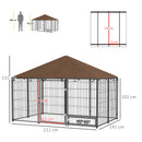 Recinto per Cani 211x141x151 cm con Porticina per Ciotole in Metallo e Tessuto Oxford Nero e Marrone      