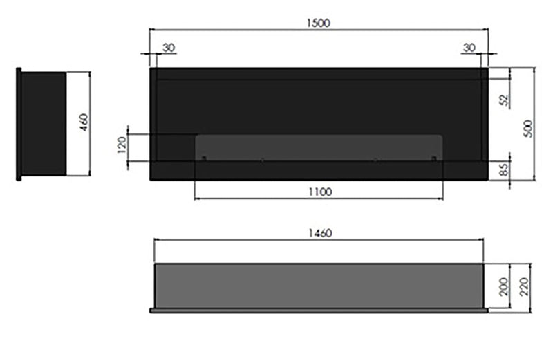 Camino a Bioetanolo da Incasso 50x22x150 cm Inside 1500 Nero con Vetro