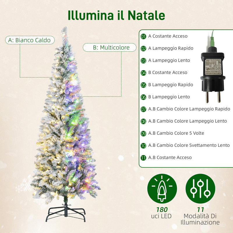 Albero di Natale Innevato 180 cm 479 Rami con 180 Luci LED Colorate Verde e Bianco      
