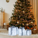 Set 3 Pacchi Regalo Natalizi Luminosi 25-20-15 cm con 48 LED Bianco Freddo in Rattan Bianco con Fiocco Argento      