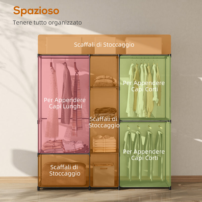 Armadio Guardaroba 182x43x185 cm con 8 Ripiani e 3 Aste per Appendere in Tessuto Nero      