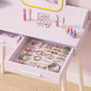 Set Toeletta Trucco Bambina 3-8 Anni 60x36x100 cm con Sgabello Specchio in Acrilico LED a 3 Colori e 2 Cassetti in MDF Rosa      