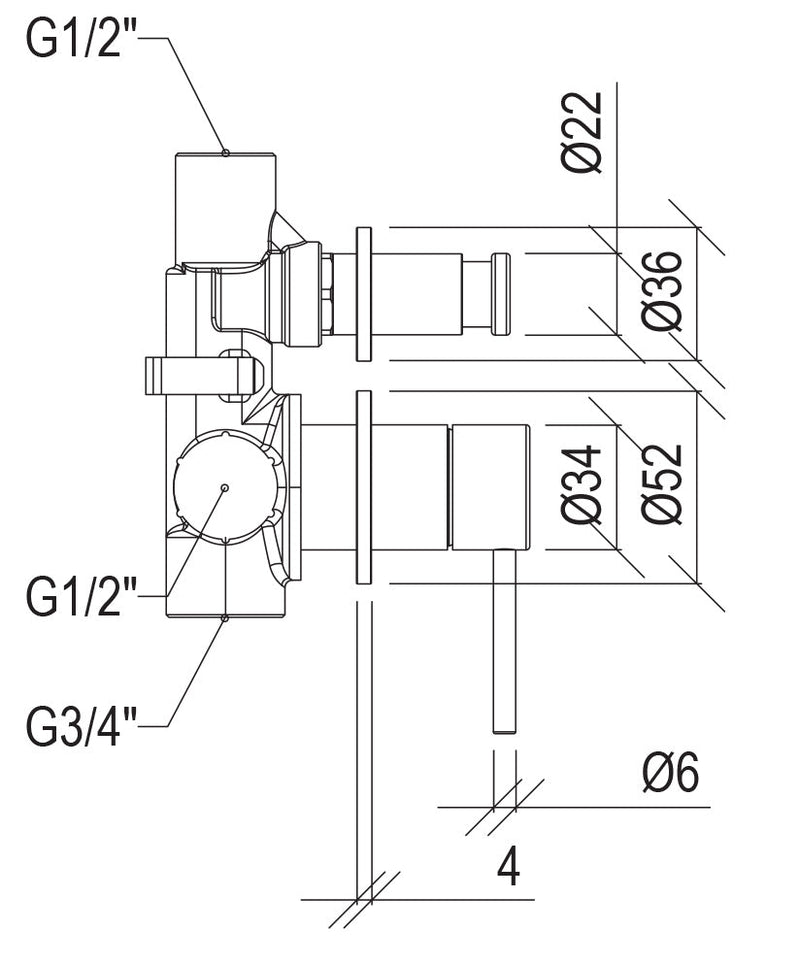 Miscelatore Rubinetto Monocomando per Doccia da Incasso con Deviatore Rame Tevere