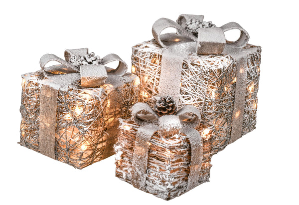 online Pacchi Dono 3 Pezzi con 65 Led H25 cm in Rattan con Neve