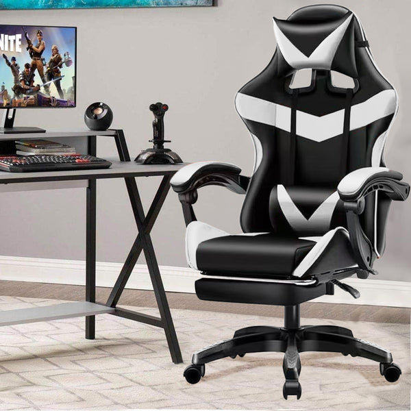 Sedia da Gaming Ergonomica con Poggiapiedi e Cuscini in PVC Bianco e Nero acquista