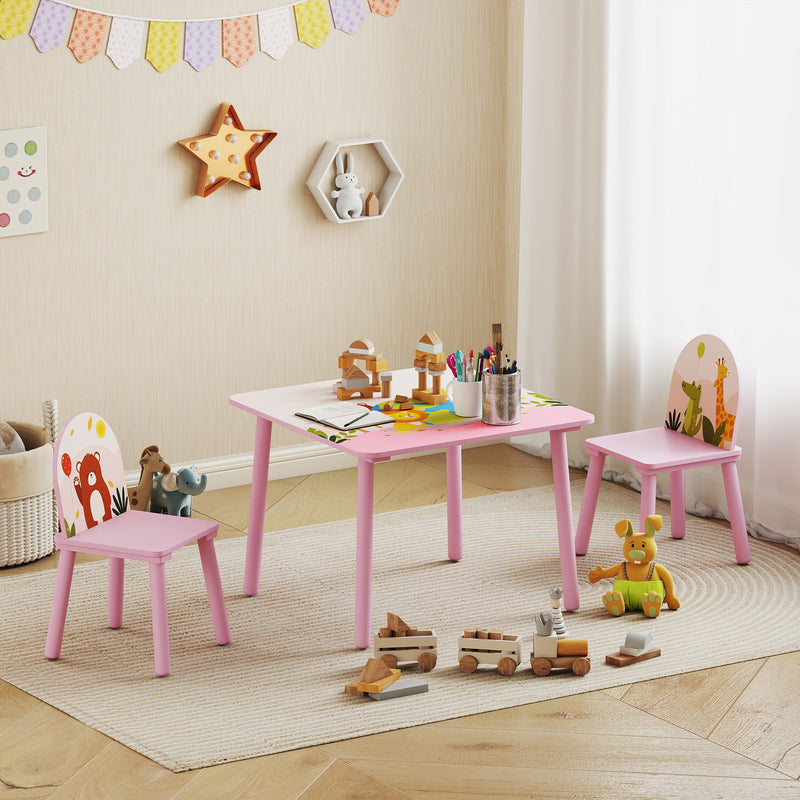 Set Tavolo e Sedie per Bambini 3-8 Anni Disegni di Animali e Bordi Arrotondati in MDF e Legno di Pino Rosa      