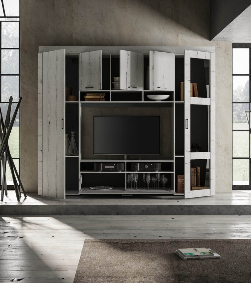 Parete Attrezzata Mobili Soggiorno Mobile TV Vetrina in Melaminico 258x42x210cm TFT Neve Rovere Neve