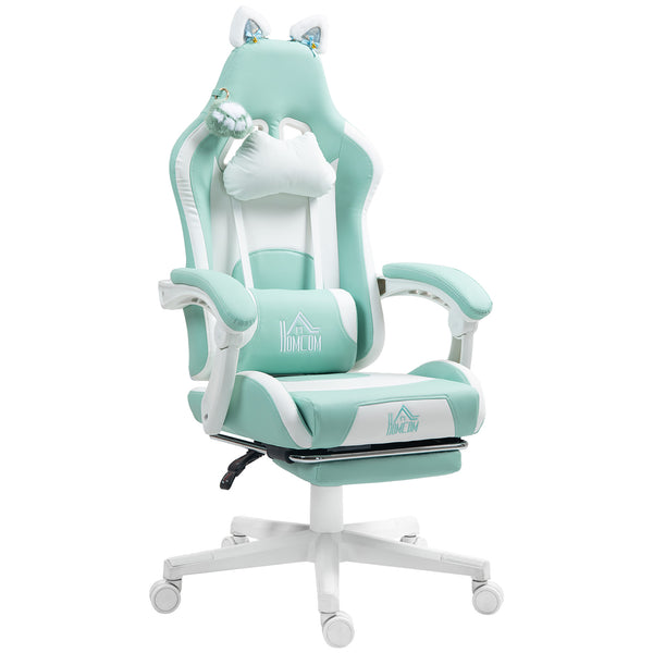 Sedia da Gaming Ergonomica con Orecchie da Gatto Poggiapiedi Retrattile e Schienale Reclinabile 135° Bianco e Azzurro sconto