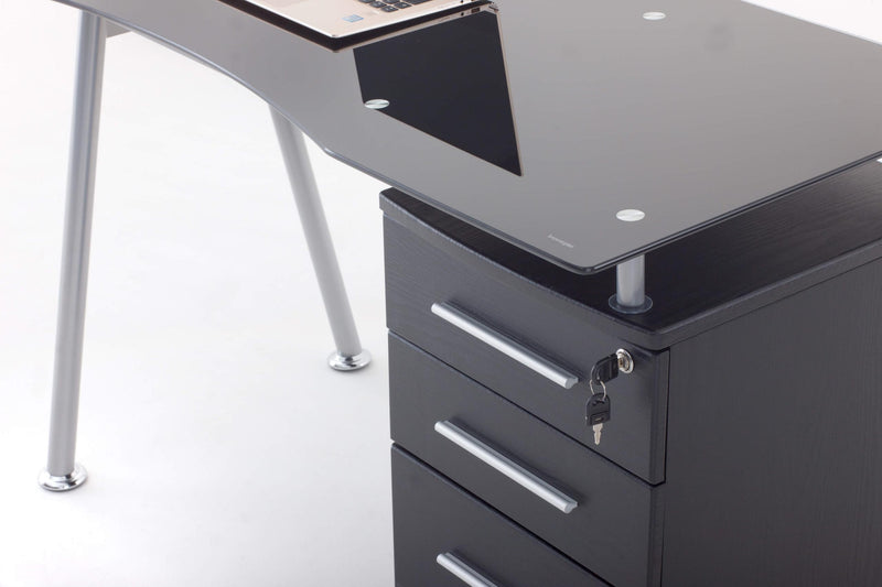 Scrivania 120x60xH75 cm in Vetro con Cassettiera Record Nera