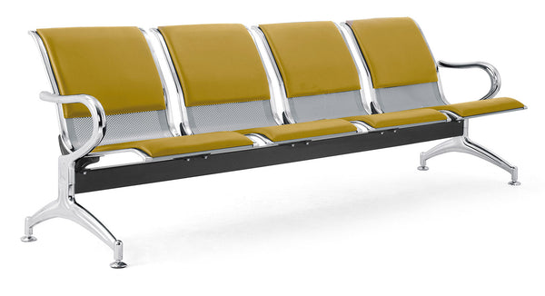 Panca per Sala Attesa 4 Posti da Ufficio con Cuscino in Acciaio e Similpelle Argento/Senape sconto
