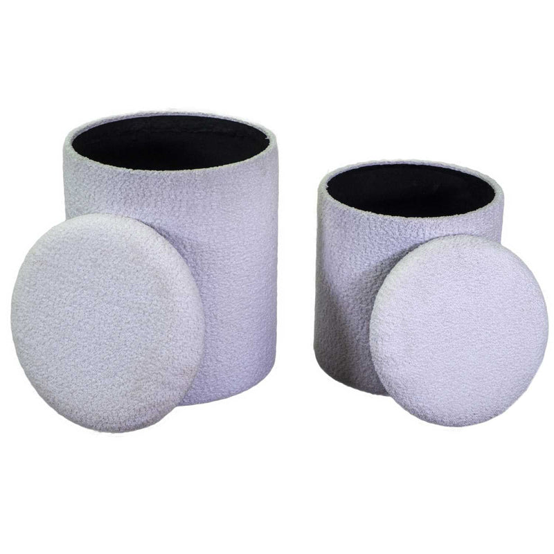 Set 2 Pouf Contenitore Ø35 cm e Ø39 cm in Tessuto Bianco