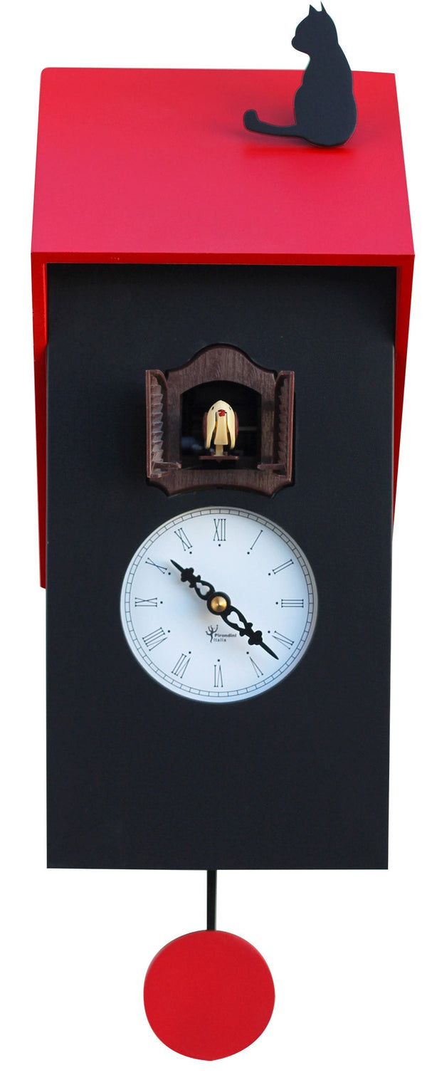 sconto Orologio a Cucù da Parete 17x37x12 cm con Gatto Pirondini Italia Vicenza Nero e Rosso