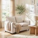 Divano 2 Posti 131x73x80 cm Imbottito con 2 Cuscini e Braccioli in Tessuto Effetto Pelle Traspirante Crema      