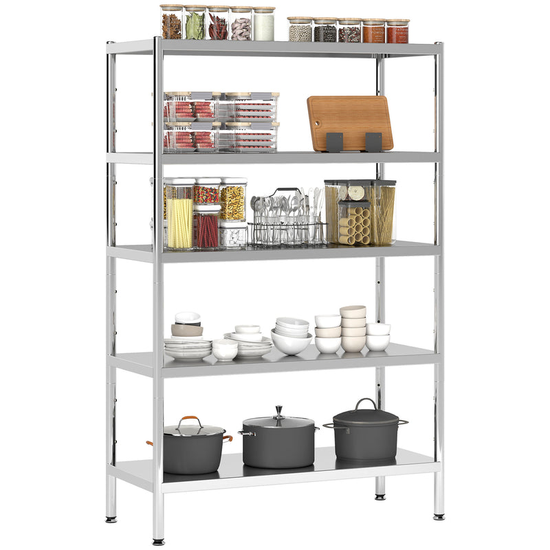 Scaffale Da Cucina Classico In Metallo 5 Ripiani - Grigio Argento, Capacità 125 Kg, Piedini Regolabili, Ganci Laterali - 2
