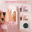 Toeletta per Bambini 3-8 Anni 3 in 1 92x36x103,3 cm con Sgabello Specchio con Luci a 2 Colori e Appendiabiti in MDF Rosa      