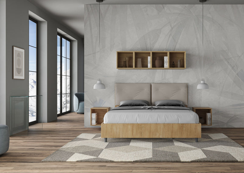 Letto Matrimoniale con Alzata Comoda Struttura Quercia con Cuscini in Similpelle Appia Tortora Varie Misure