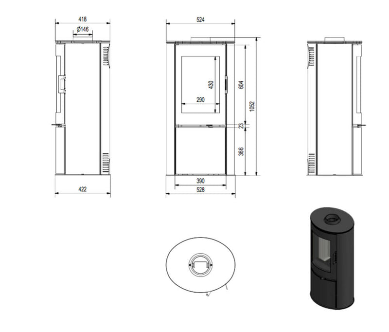 Stufa a Legna 5,5/10,5KW in Ghisa e Acciaio Flig West Nera