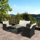 Set Salotto da Giardino Divano 2 Poltrone e Tavolino in Rattan Nero e Crema