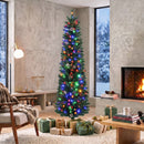 Albero di Natale Slim Ø55x180 cm con 170 Luci LED Bicolore 351 Rami Pigne Bacche Rosse e Telecomando in PVC Verde      