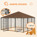 Recinto per Cani con Porticina per Ciotole 211x211x151 cm in Metallo e Tessuto Oxford Nero e Marrone