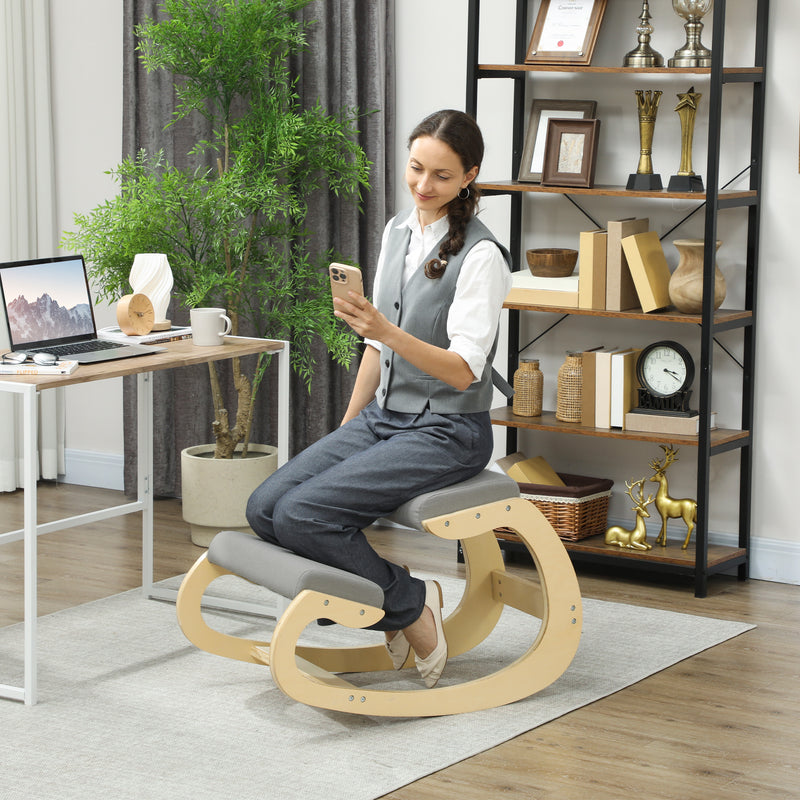 Sedia Ergonomica con Inginocchiatoio 55x85x55 cm Reclinabile in Tessuto Effetto Lino e Legno Grigio Chiaro 