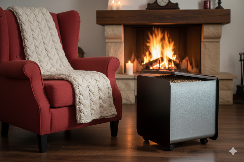 Porta Pellet con Coperchio Effetto Legno 40x49x50 cm in Ferro Verniciato Grigio Martellato e Marrone