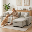 Divano Angolare 3 Posti 235x80x85 cm con Contenitore Poggiapiedi Rimovibile e 2 Cuscini in Tessuto Effetto Lino Beige      