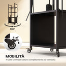 Porta Legna per Interni ed Esterni 45x30x118 cm con Ruote e 4 Utensili Pala Attizzatoio Spazzola e Pinze in Metallo Nero      