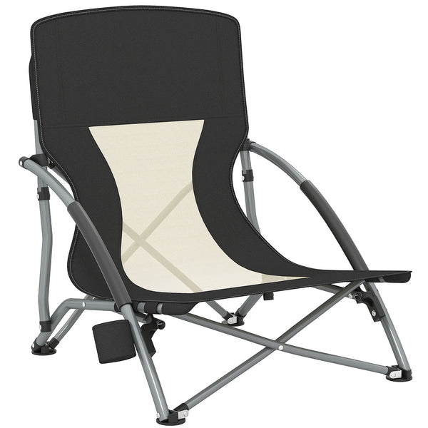Sedia da Spiaggia Pieghevole 58x55x62 cm con Schienale a Rete e Portabicchieri in Metallo e Tessuto Oxford Nero acquista