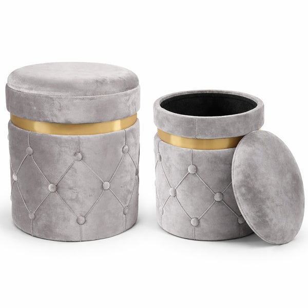 Set 2 Pouf Contenitori 38x44 cm e 31x38 cm con Design Trapuntato in Velluto Grigio prezzo