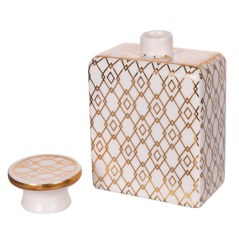 Bottiglia per Profumatore Ambiente 9x5,5x13,2 cm 300 ml in Ceramica VdE Tivoli 1996 Charleston Bianco/Oro