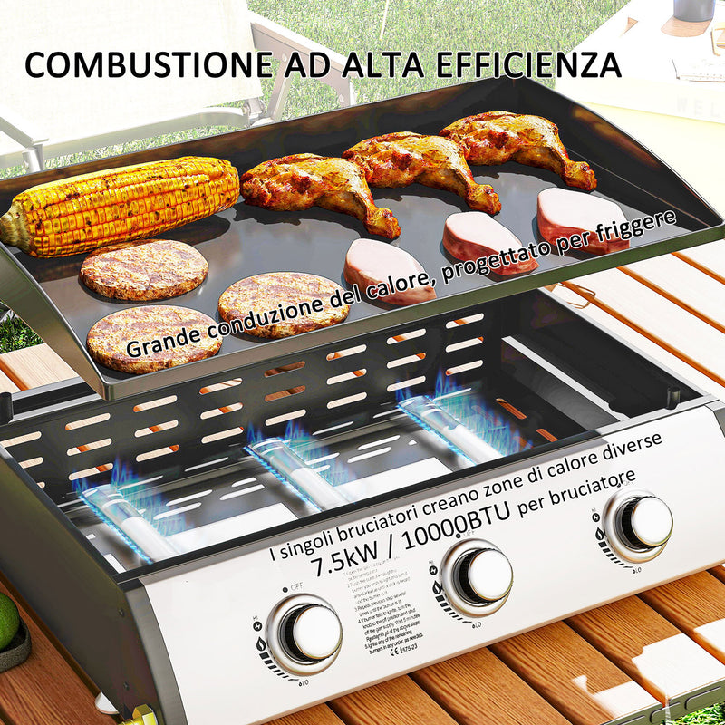 Piastra a Gas con 3 Bruciatori Potenza 7,5kW con Coperchio in Acciaio Smaltato Nero  