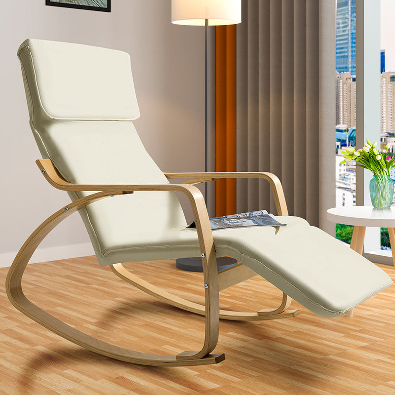 Sedia a Dondolo Poltrona Relax Cotone Beige Schienale e Poggiapiedi Regolabile