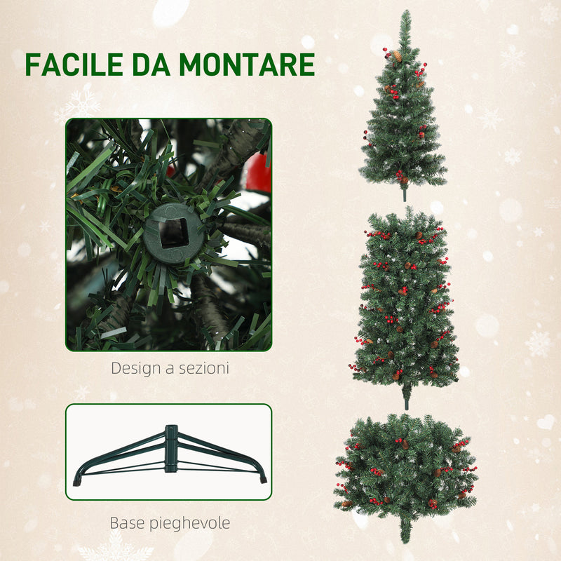 Albero di Natale Innevato 180 cm con 200 Luci LED con 42 Pigne e 42 Grappoli di Bacche Verde e Argento      