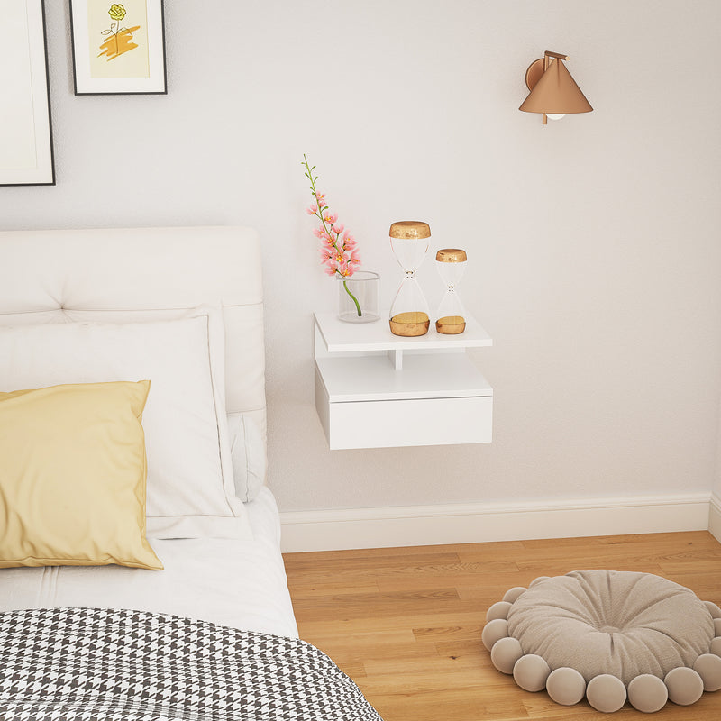 Comodino Sospeso Con Cassetto – 40,2x31,4x30,2 Cm, MDF Con Bordo PVC, Bianco/oro, Carico Max 20 Kg, Montaggio Incluso
