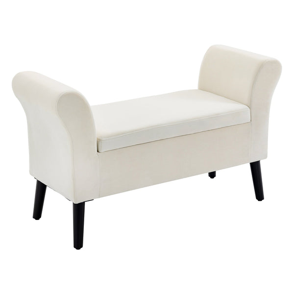 online Panca Contenitore con Braccioli 111,5x41x65 cm in Tessuto Effetto Velluto e Legno Bianco Crema