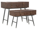 Console Travel Coppia con Contenitore 90x40x78,5-80x35x53,5 cm Legno e Ferro e PU Marrone